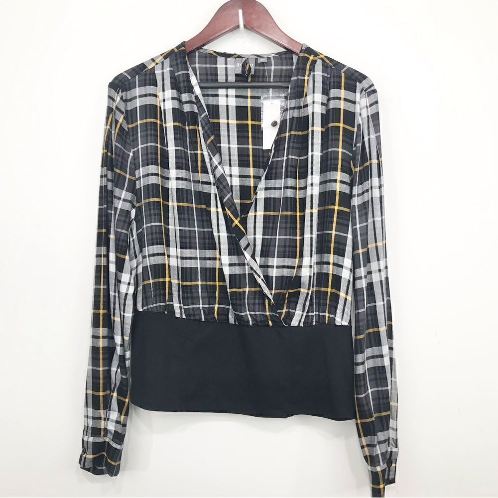 Soho New York & Company Blue Plaid Wrap Front Waistband Long Sleeve Crop Blouse